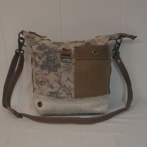 Myra Bag Buttercup Upcycled Canvas & Cowhide Shoulder Bag w/ Adjustable Strap